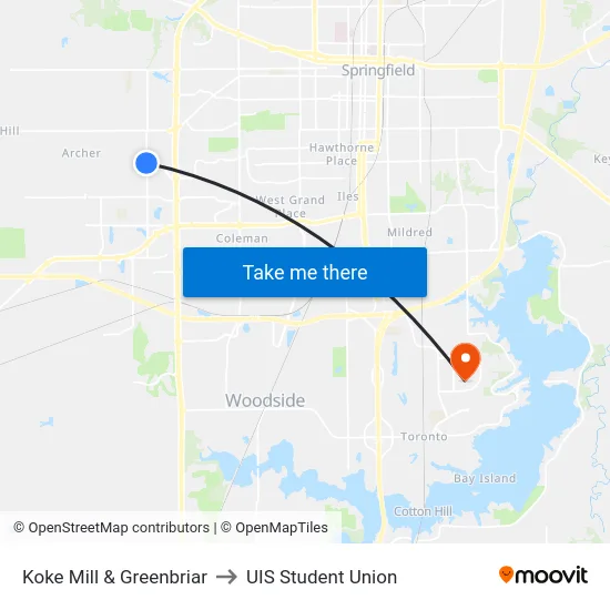 Koke Mill & Greenbriar to UIS Student Union map