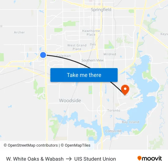 W. White Oaks & Wabash to UIS Student Union map