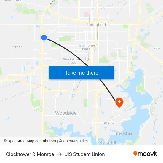 Clocktower & Monroe to UIS Student Union map