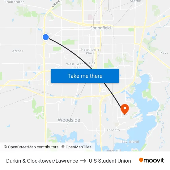 Durkin & Clocktower/Lawrence to UIS Student Union map
