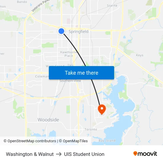Washington & Walnut to UIS Student Union map