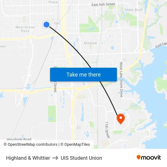 Highland & Whittier to UIS Student Union map