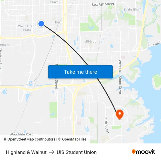 Highland & Walnut to UIS Student Union map