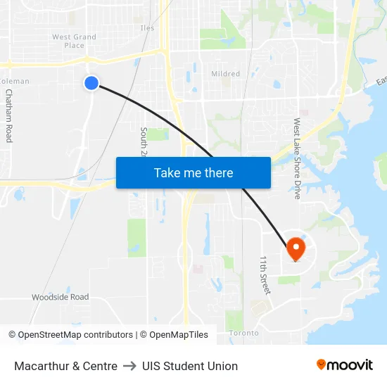 Macarthur & Centre to UIS Student Union map