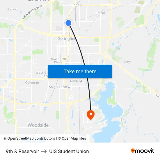 9th & Reservoir to UIS Student Union map