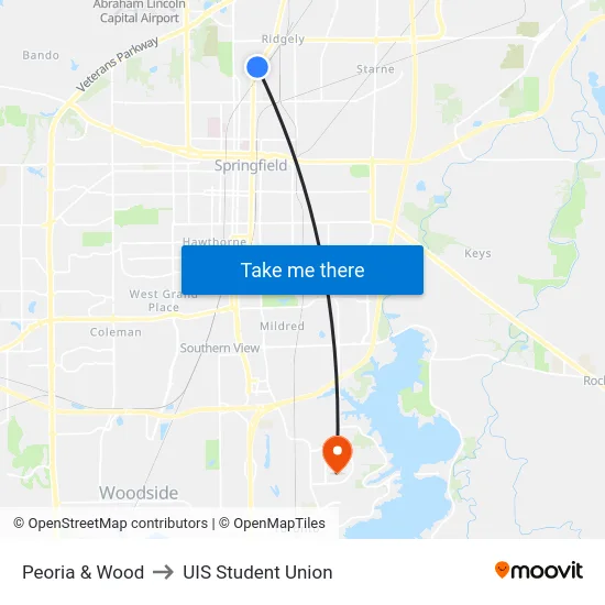 Peoria & Wood to UIS Student Union map