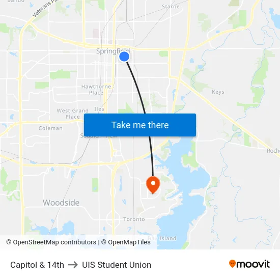 Capitol & 14th to UIS Student Union map