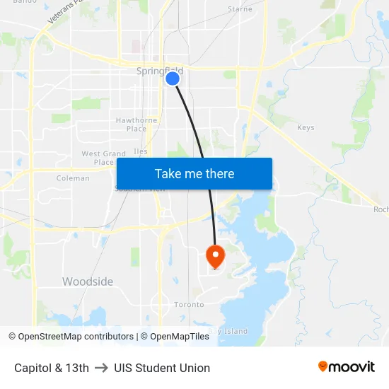 Capitol & 13th to UIS Student Union map