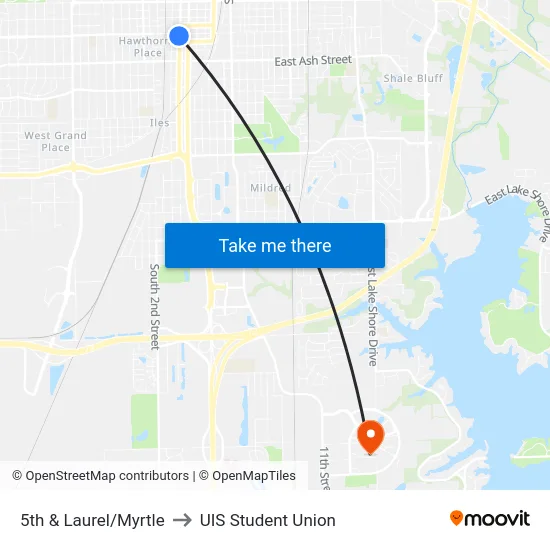 5th & Laurel/Myrtle to UIS Student Union map