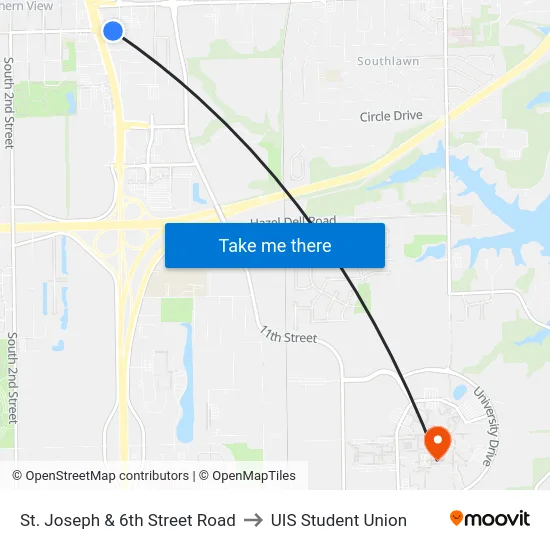 St. Joseph & 6th Street Road to UIS Student Union map