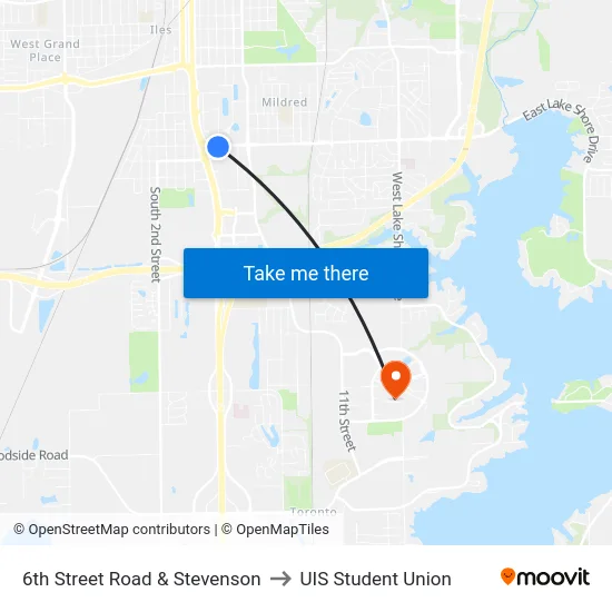 6th Street Road & Stevenson to UIS Student Union map