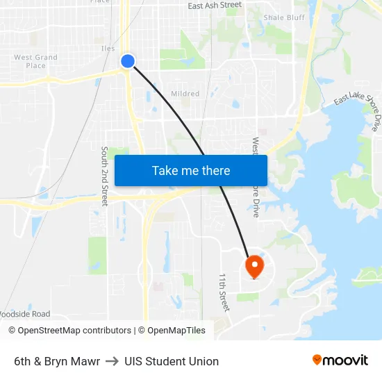 6th & Bryn Mawr to UIS Student Union map