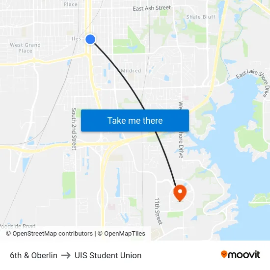 6th & Oberlin to UIS Student Union map