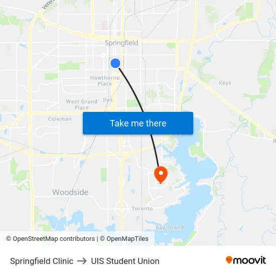 Springfield Clinic to UIS Student Union map