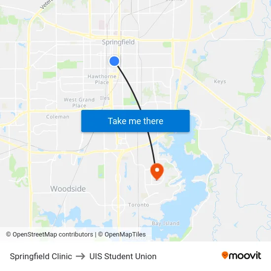 Springfield Clinic to UIS Student Union map