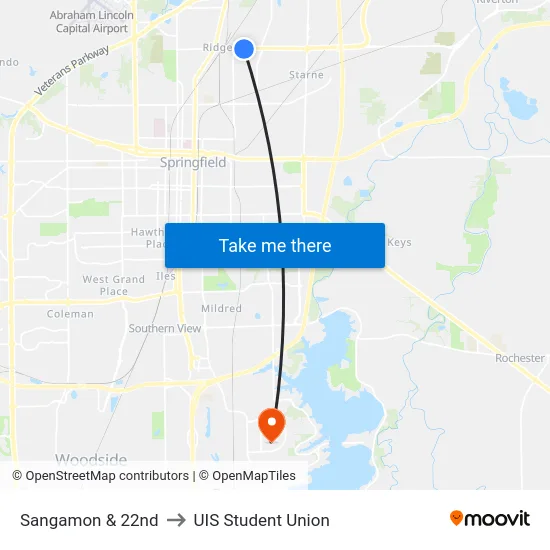 Sangamon & 22nd to UIS Student Union map