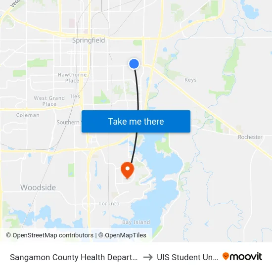 Sangamon County Health Department to UIS Student Union map