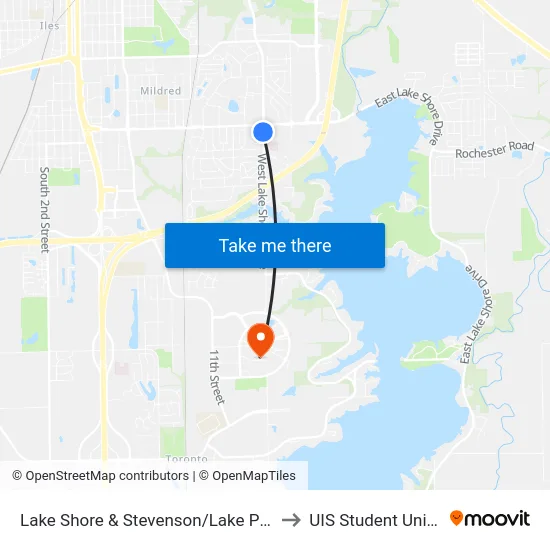 Lake Shore & Stevenson/Lake Plaz to UIS Student Union map