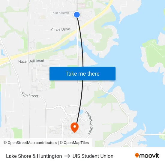 Lake Shore & Huntington to UIS Student Union map