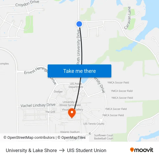 University & Lake Shore to UIS Student Union map