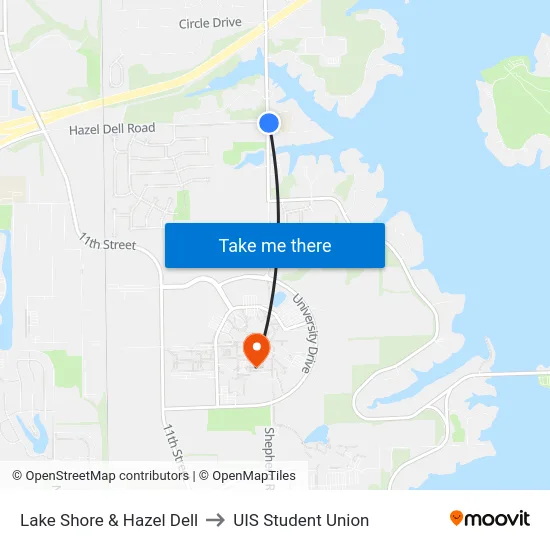 Lake Shore & Hazel Dell to UIS Student Union map