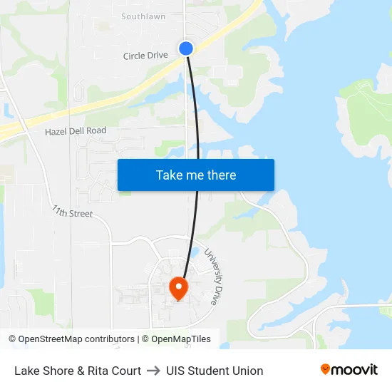 Lake Shore & Rita Court to UIS Student Union map