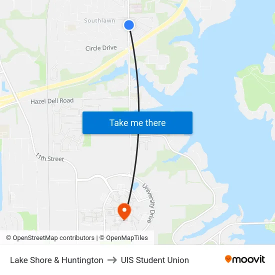Lake Shore & Huntington to UIS Student Union map