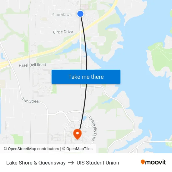 Lake Shore & Queensway to UIS Student Union map