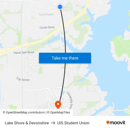Lake Shore & Devonshire to UIS Student Union map