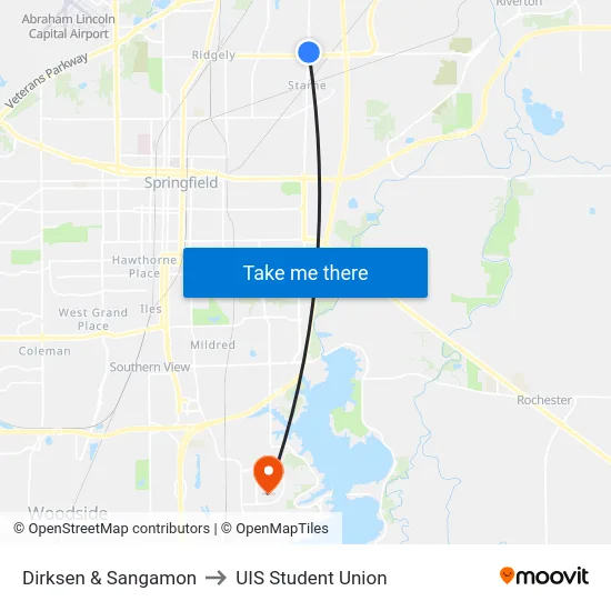Dirksen & Sangamon to UIS Student Union map
