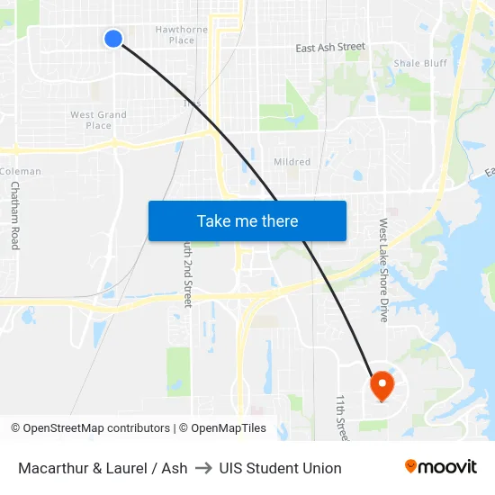 Macarthur & Laurel / Ash to UIS Student Union map