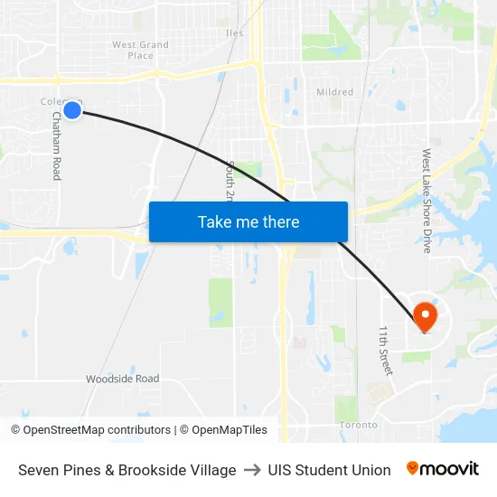 Seven Pines & Brookside Village to UIS Student Union map
