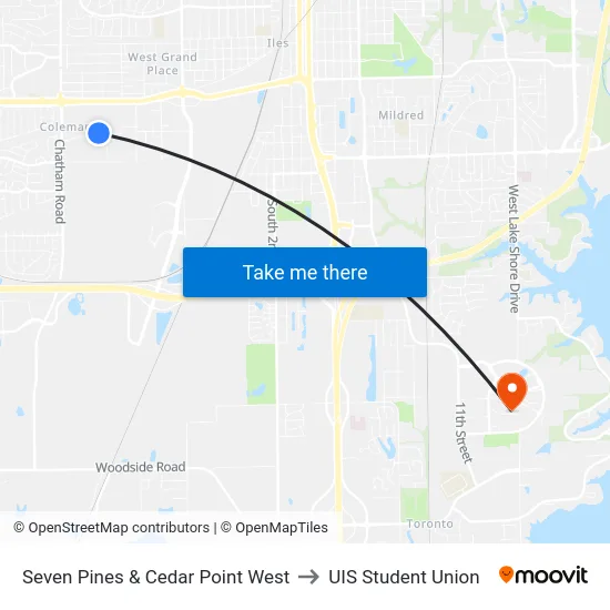 Seven Pines & Cedar Point West to UIS Student Union map