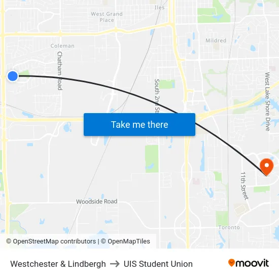 Westchester & Lindbergh to UIS Student Union map
