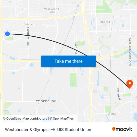Westchester & Olympic to UIS Student Union map