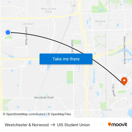 Westchester & Norwood to UIS Student Union map