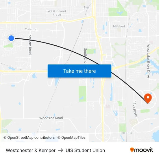 Westchester & Kemper to UIS Student Union map