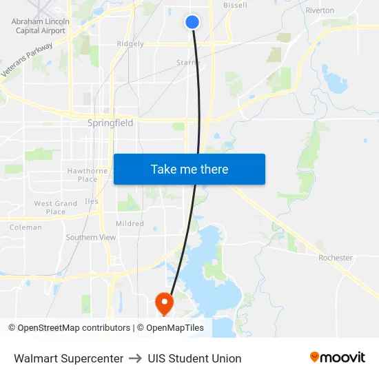 Walmart Supercenter to UIS Student Union map