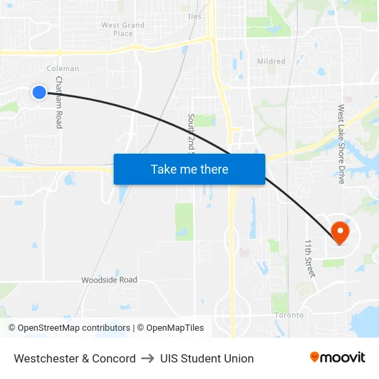 Westchester & Concord to UIS Student Union map