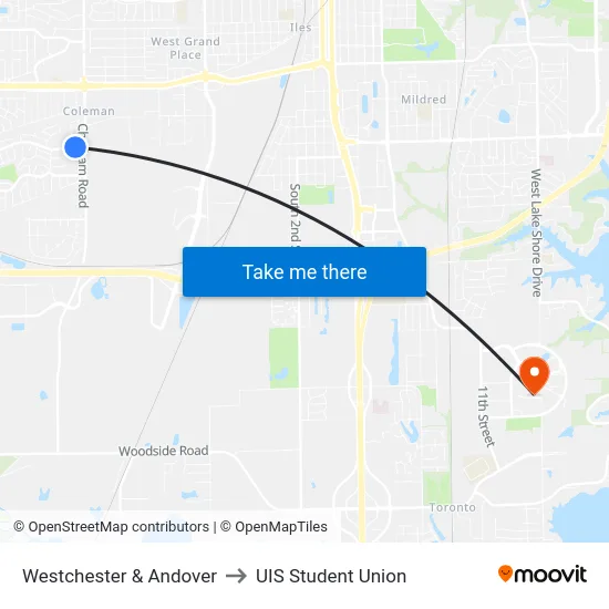 Westchester & Andover to UIS Student Union map