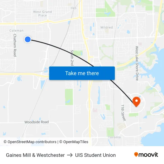 Gaines Mill & Westchester to UIS Student Union map