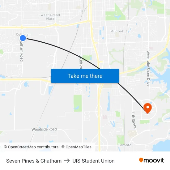 Seven Pines & Chatham to UIS Student Union map