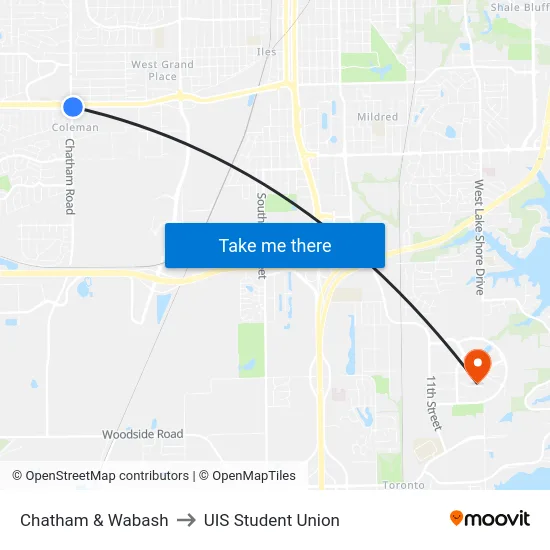 Chatham & Wabash to UIS Student Union map