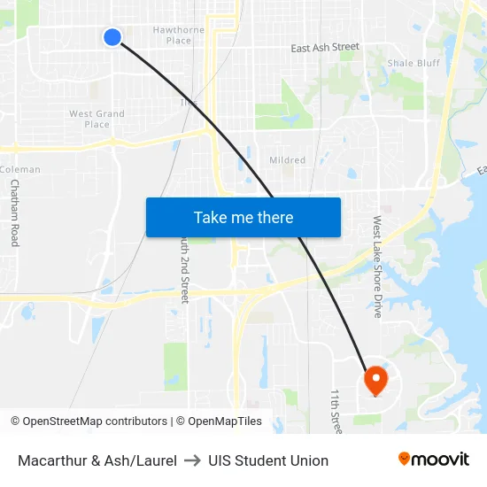 Macarthur & Ash/Laurel to UIS Student Union map