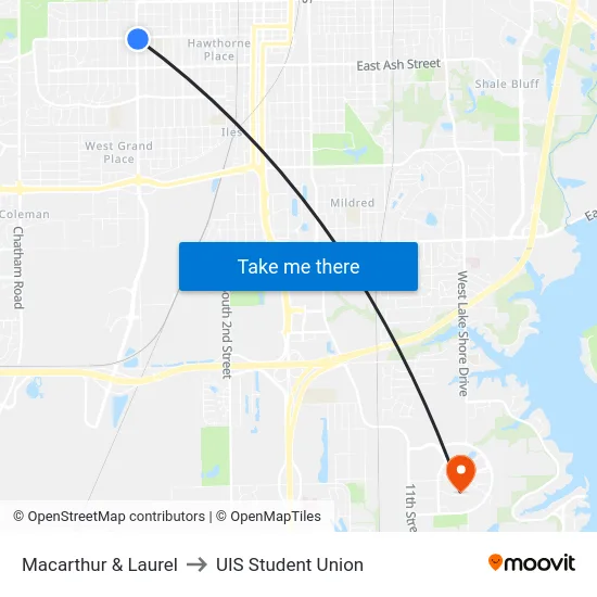 Macarthur & Laurel to UIS Student Union map