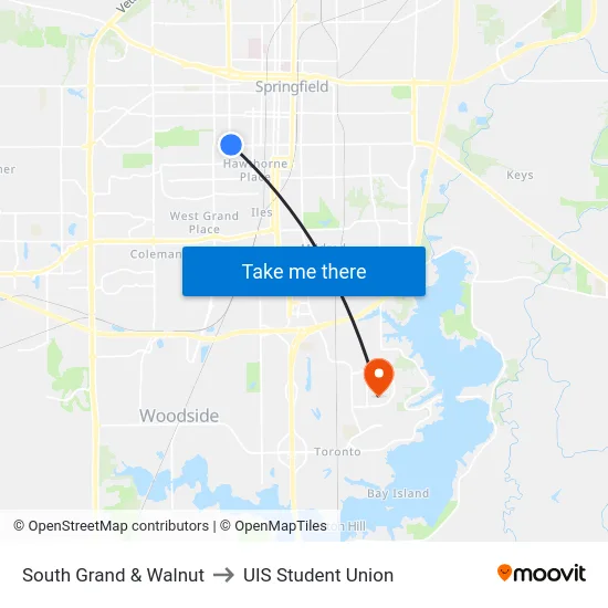 South Grand & Walnut to UIS Student Union map