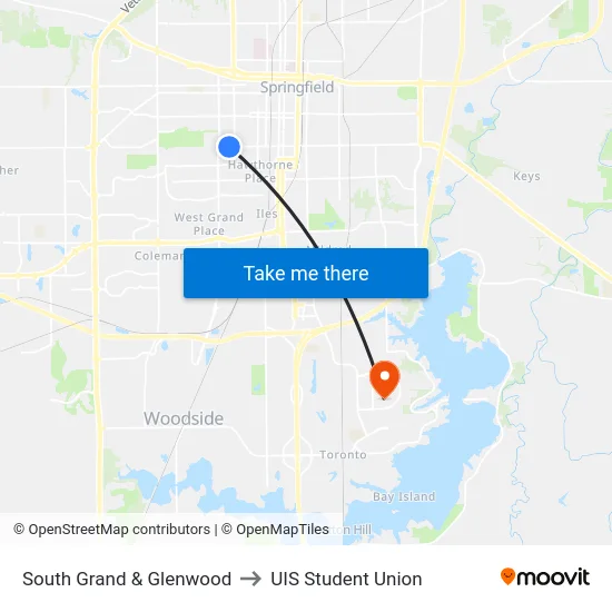 South Grand & Glenwood to UIS Student Union map