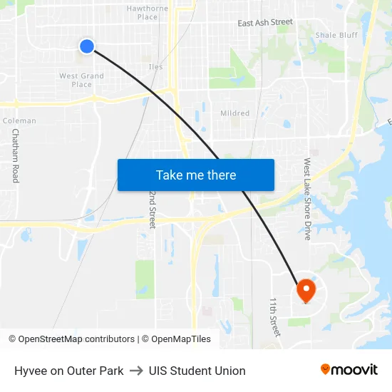 Hyvee on Outer Park to UIS Student Union map