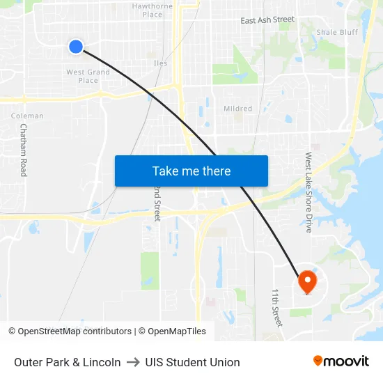 Outer Park & Lincoln to UIS Student Union map