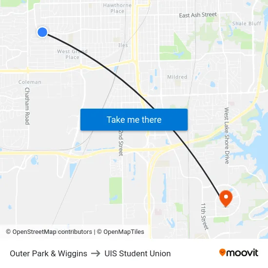 Outer Park & Wiggins to UIS Student Union map